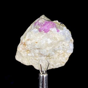 May include: A rough, off-white mineral specimen with a vibrant pink cluster of crystals. The stone is held by a silver tool against a black background, highlighting the natural textures and colors of the rock.