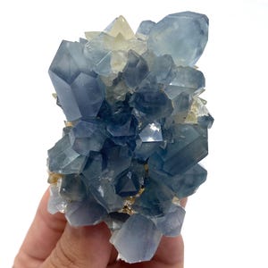 May include: A cluster of blue quartz crystals with a variety of geometric shapes. The crystals range in color from light to dark blue, with some areas of pale yellow. The quartz is held in a hand against a white background.