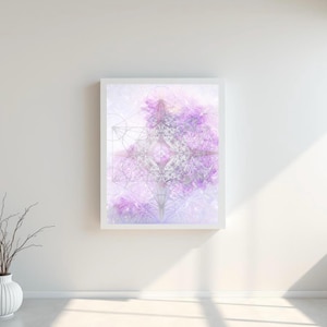 May include: A framed abstract art print featuring a geometric design in shades of lavender and silver. The artwork has a soft, ethereal quality, with overlapping shapes and patterns. The print is displayed in a white frame against a white wall.