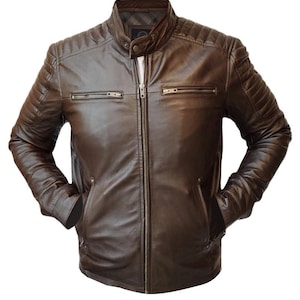 Men’s Brown Biker Leather Jacket | Quilted Cafe Racer Style | Slim Fit Moto Outerwear for Men