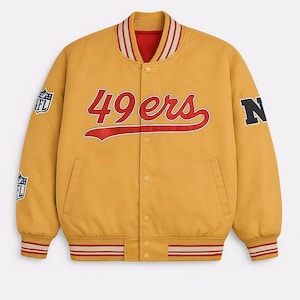 San Francisco 49ers Varsity Satin Jacket – NFL Team Bomber | Gold Red Vintage-Style Sportswear | Unisex Streetwear