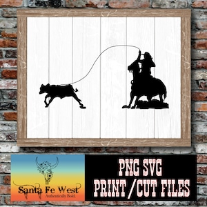 May include: Black and white silhouette of a cowboy on horseback roping a calf. The image is a digital download for printing and cutting.