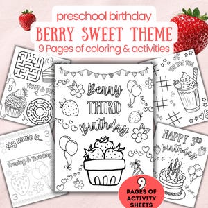 Berry Sweet Third Birthday Coloring Pages, Preschool Activity Sheets (Instant Download)
