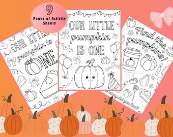 Puede incluir: Un conjunto de nueve hojas de actividades con ilustraciones de calabazas. Las hojas presentan el texto "Our Little Pumpkin is One" y "Find the pumpkins!" con imágenes de calabazas, globos y gorros de fiesta. Calabazas naranjas y blancas en la parte inferior.