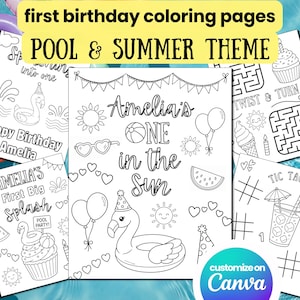 May include: A collection of black and white printable coloring pages featuring a pool and summer theme for a first birthday. The pages include illustrations of flamingos, balloons, cupcakes, suns, and text such as Amelia's ONE in the Sun.