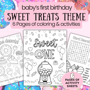 Könnte beinhalten: Ein Aktivitätsset zum Thema "Süße Leckereien" für den ersten Geburtstag eines Babys. Das Set enthält sechs Seiten zum Ausmalen und für Aktivitäten. Die Seiten zeigen Donuts, Süßigkeiten und ein Wortsuchrätsel. Der Text enthält "Find the donuts!" und "Sweet One."