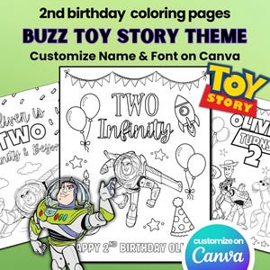 Puede incluir: Tres páginas para colorear imprimibles con temática de Toy Story para un segundo cumpleaños. Las páginas incluyen dibujos de personajes, globos, cohetes y texto como Oliver is TWO, Two Infinity y Oliver turns 2. Personalice nombre y fuente en Canva.