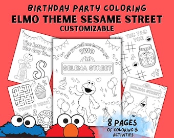 May include: A collection of eight coloring pages and activities with an Elmo theme from Sesame Street. The pages include various activities, such as mazes, tic-tac-toe, and coloring pages featuring Elmo and other Sesame Street characters. The text says "Birthday Party Coloring".