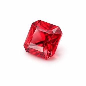 May include: A faceted, rectangular-cut, red gemstone. The gem is a vibrant, deep red color and reflects light, showcasing its many facets. The gemstone is set against a plain white background.