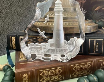 Vintage Glass Paperweight: Engraved Barnegat Lighthouse & Seagulls