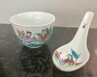 hand painted porcelain Chinese cup and spoon.