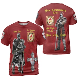 May include: Red t-shirts with a knight design. The front of the shirt features a knight illustration, a cross, and the text "Name here". The back of the shirt has a knight illustration and text that reads "Your Commandery No.68" and "Your City, State".