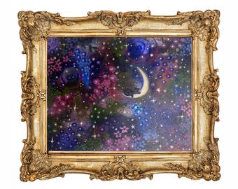 気まぐれな月と星の絵画、コララインにインスパイアされたアート、ファンタジーの夜空のキャンバス、魔法の壁飾り 10 x 8 インチ オリジナル