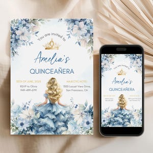 Editable Blue Floral Quinceañera Invitation 15th Birthday Invite Watercolor Blue & Gold Princess Quince Blonde Printable Canva Template