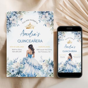 Editable Blue Floral Quinceañera Invitation 15th Birthday Invite Watercolor Blue & Gold Princess Quince Brunette Printable Canva Template
