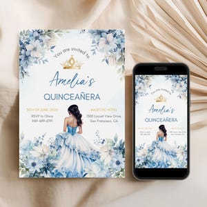Editable Blue Floral Quinceañera Invitation 15th Birthday Invite Watercolor Blue & Gold Princess Quince Dark Printable Canva Template