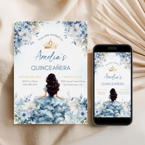 Editable Blue Floral Quinceañera Invitation 15th Birthday Invite Watercolor Blue & Gold Princess Quince Dark Printable Canva Template