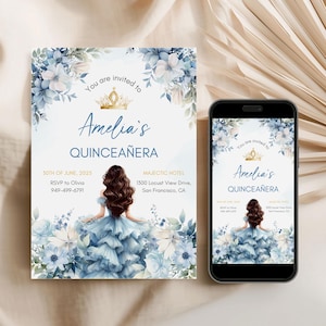 Editable Blue Floral Quinceañera Invitation 15th Birthday Invite Watercolor Blue & Gold Princess Quince Brunette Printable Canva Template