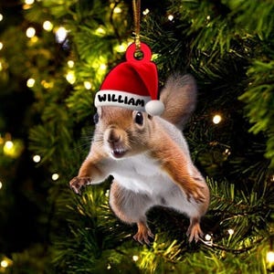 May include: A Christmas tree decoration showing a squirrel wearing a red Santa hat with the name "WILLIAM" in white. The squirrel has brown fur and is set against a backdrop of a Christmas tree with bokeh lights.