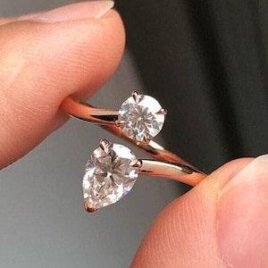 Toi et Moi Open Cuff Ring, Pear And Round Cut Toi et Moi Diamond Ring, Adjustable Engagement Ring, 14K Gold Toi et Moi Ring Wedding Ring