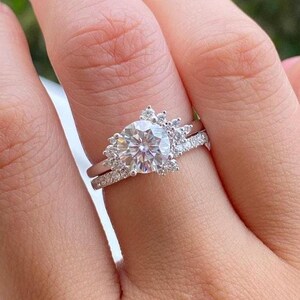 Bridal Ring Set, Round Moissanite Ring Set, Round Cluster Ring Set, Round Solitaire Engagement Ring, Eternity Matching Wedding Band 14K Gold