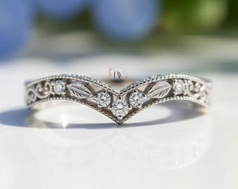Chevron Filigree Vintage Curved Band, Engagement Band, Curved Half Eternity Wedding Band, Milgrain Minimalist Chevron Band, Art Deco Band