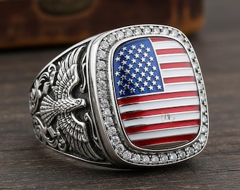 Anello con bandiera americana, anello con diamanti e bandiera degli Stati Uniti, anello con cuscino inciso con aquila vintage, anello patriottico per uomo a sostegno dell'esercito