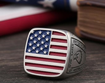 Anello con bandiera americana, anello per il 4 luglio negli Stati Uniti, anello da uomo in smalto rosso e blu, anello patriottico per il sostegno dell'esercito, anello con bandiera degli Stati Uniti per uomo