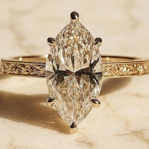 2,5 kt marquise geslepen moissaniet ring, ring gegraveerd blad, vintage bloemen gesneden filigraan ring, handgegraveerde rolwerk ring, 14k goud