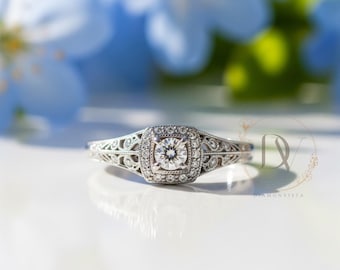 Round Art Deco Moissanite Ring, Art Deco Filigree Ring, Round Halo Engagement Ring, Vintage Art Deco Ring, Milgrain Vintage Wedding Ring