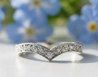 Leaf Inspired Half Eternity Wedding Band, Filigree Vintage Curved Band Chevron Engagement Band, Milgrain Art Deco Band, VShape Filigree Band