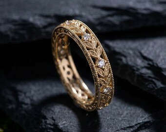 Leaf Inspired  Engagement Band, Art Deco Wedding Band, Filigree Style Wide Milgrain Band, Edwardian Engagement Band, Full Eternity Band