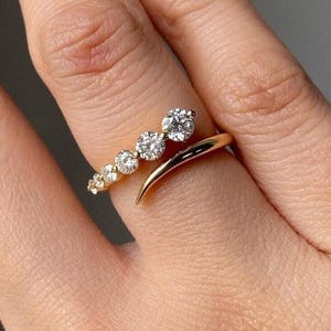 Round Cut Open Cuff Bypass Diamond Ring, Adjustable Spiral Band, 14K Gold Wedding Engagement Ring, Open Cuff Minimalist Ring, Gift For Her