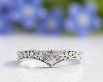 Chevron Engagement Band, Half Eternity Wedding Band, Milgrain Art Deco Wedding Band, Filigree Vintage Curved Band, Floral Inspired Band