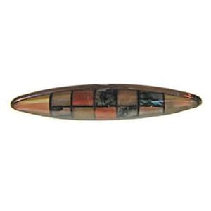 May include: A long, oval-shaped hair barrette with a mosaic design. The barrette features a pattern of small, square tiles in shades of brown, red, and black, with iridescent accents. The barrette is made of a shiny material.