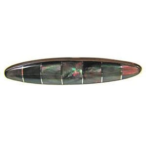 May include: An oval-shaped hair barrette with a dark brown frame. The barrette features a mosaic design of black and iridescent rectangular pieces, separated by thin silver lines. The mosaic has hints of red and green.