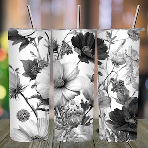Black and White Wild Flowers Tumbler Wrap Seamless Sublimation Design 20oz Skinny Tumbler Straight PNG File Digital Download