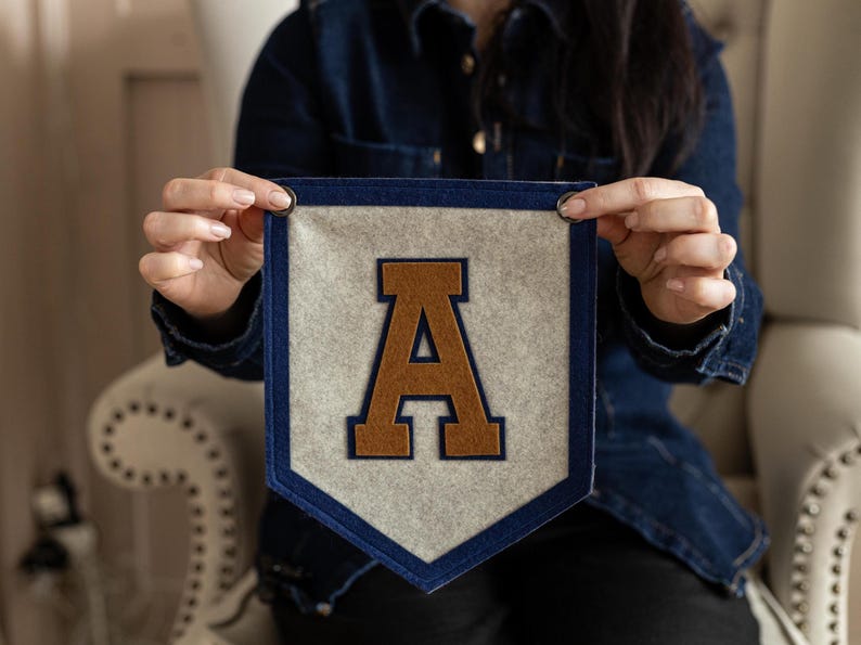 May include: A felt pennant in a shield shape, featuring a large brown letter "A" on a light gray background. The pennant is trimmed with a dark blue border and has metal grommets at the top corners.