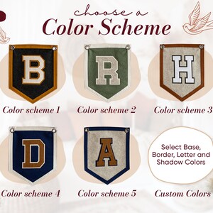 May include: A selection of personalized pennant flags with letters B, R, H, D, and A. Each pennant features a different color scheme, with options to select base, border, letter, and shadow colors. The text "choose a Color Scheme" is at the top.