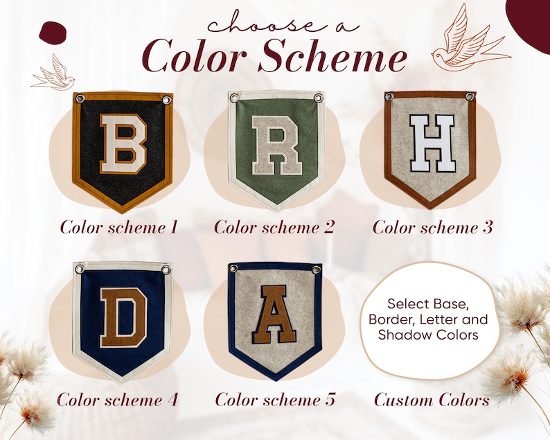 May include: A selection of personalized pennant flags with letters B, R, H, D, and A. Each pennant features a different color scheme, with options to select base, border, letter, and shadow colors. The text "choose a Color Scheme" is at the top.