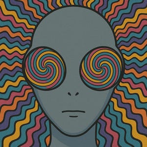 May include: Illustration of a gray alien with hypnotic spiral eyes in shades of yellow, pink, blue, and orange. The background features wavy lines in similar colors, creating a psychedelic effect. The alien has a neutral expression.