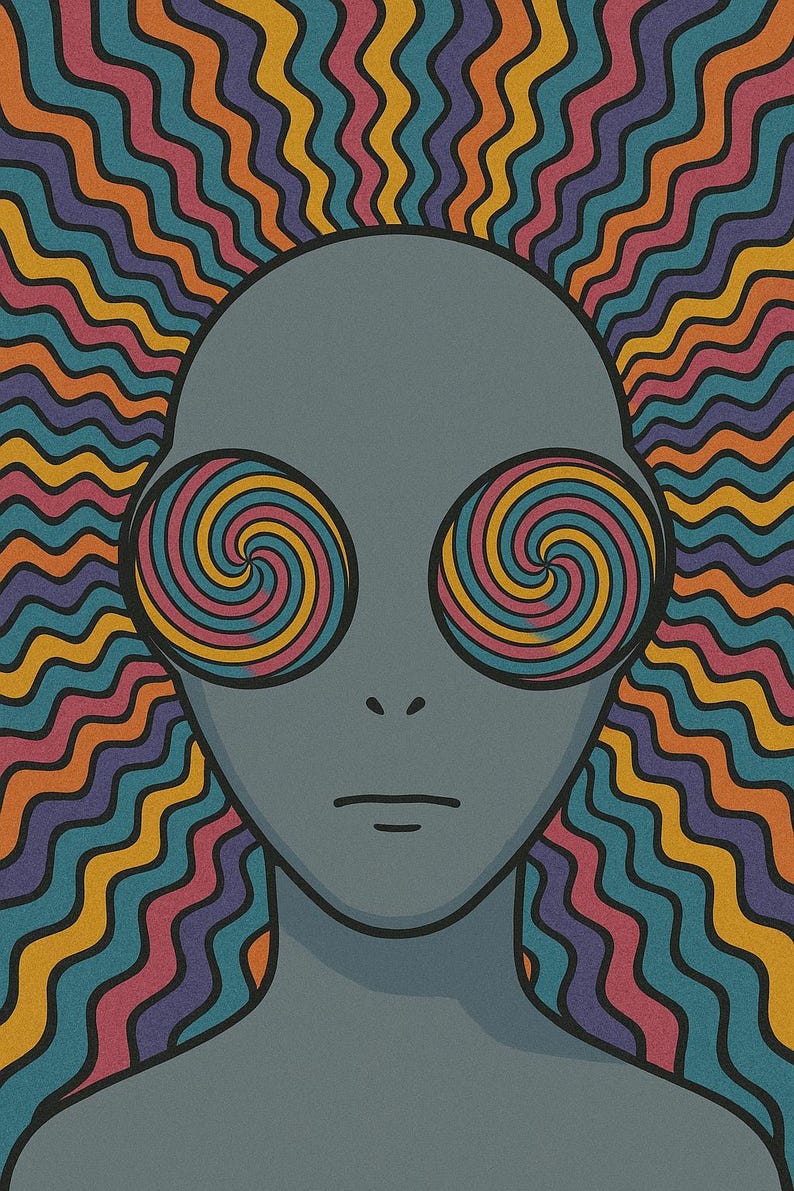 May include: Illustration of a gray alien with hypnotic spiral eyes in shades of yellow, pink, blue, and orange. The background features wavy lines in similar colors, creating a psychedelic effect. The alien has a neutral expression.