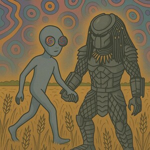 May include: Illustration of an alien with spiral eyes holding hands with a Predator in a wheat field. The background features colorful, concentric circles. The alien is gray, and the Predator is clad in dark armor.