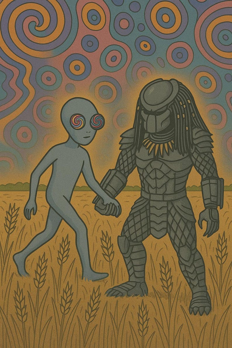May include: Illustration of an alien with spiral eyes holding hands with a Predator in a wheat field. The background features colorful, concentric circles. The alien is gray, and the Predator is clad in dark armor.