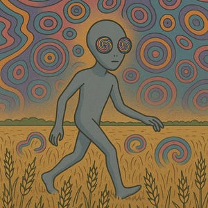 May include: Illustration of a gray alien walking through a wheat field. The alien has spiral eyes and is set against a background of colorful, swirling patterns. The artwork has a vintage, psychedelic style.