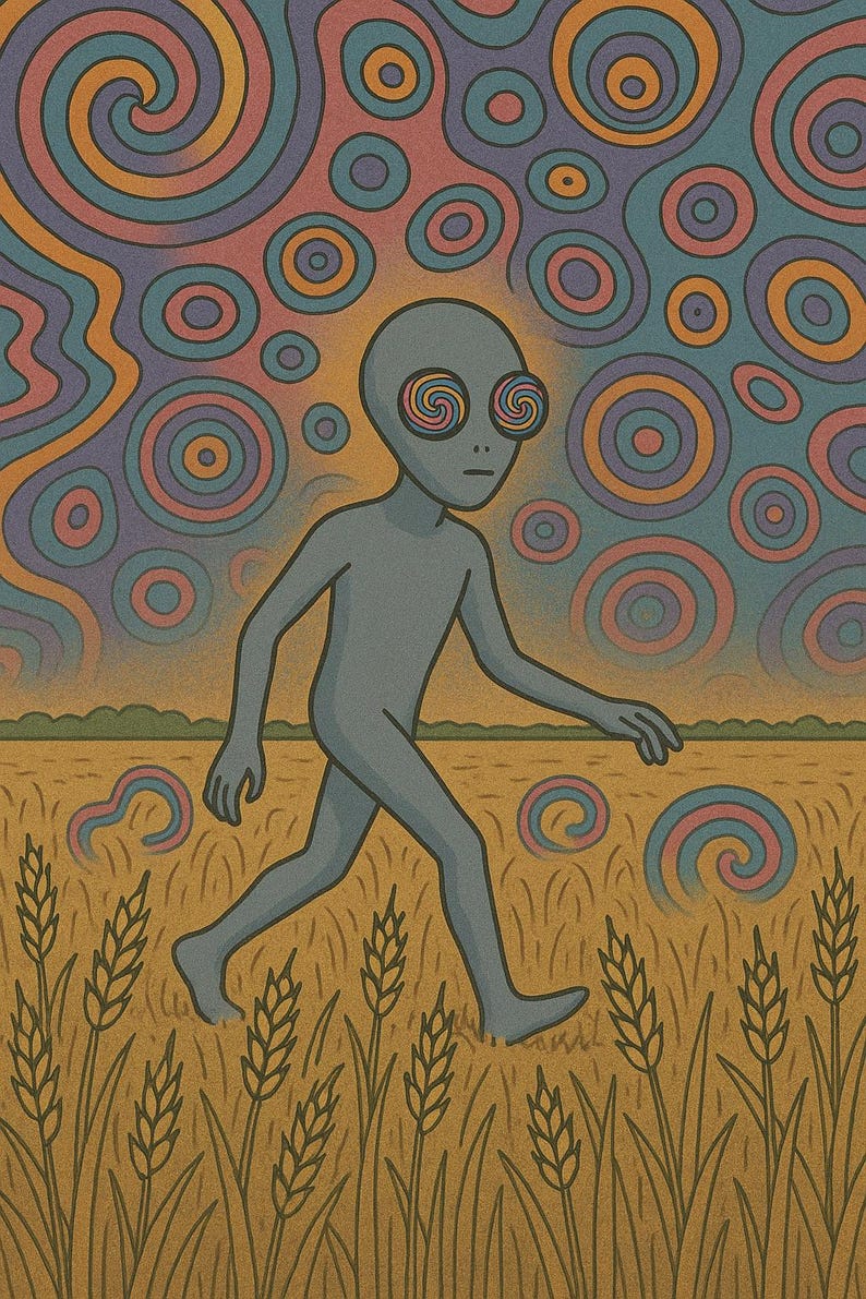 May include: Illustration of a gray alien walking through a wheat field. The alien has spiral eyes and is set against a background of colorful, swirling patterns. The artwork has a vintage, psychedelic style.