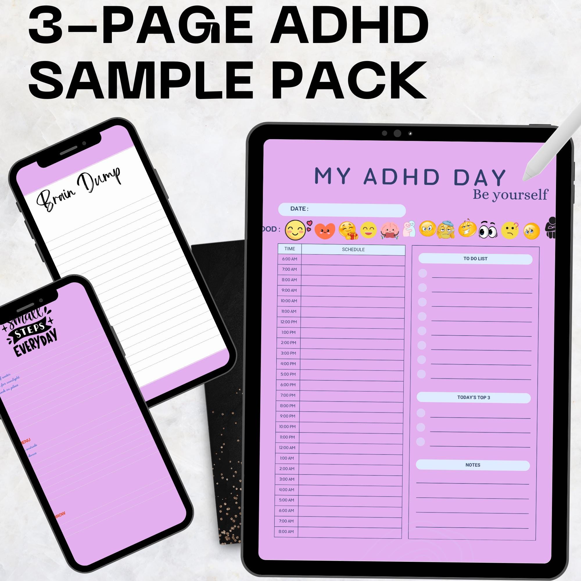 ADHD Digital Planner Sample, 3 Page Pack: Daily Focus + Dopamine Menu ...