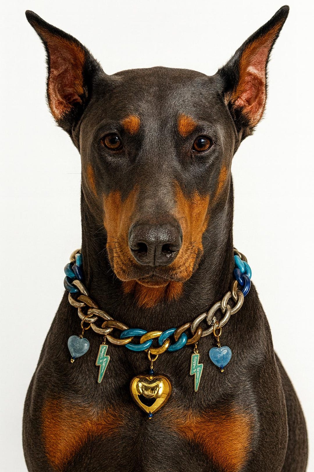Glam Dog Necklace: Blue & Gold Chain, Hematite Heart, Large Breed - Etsy