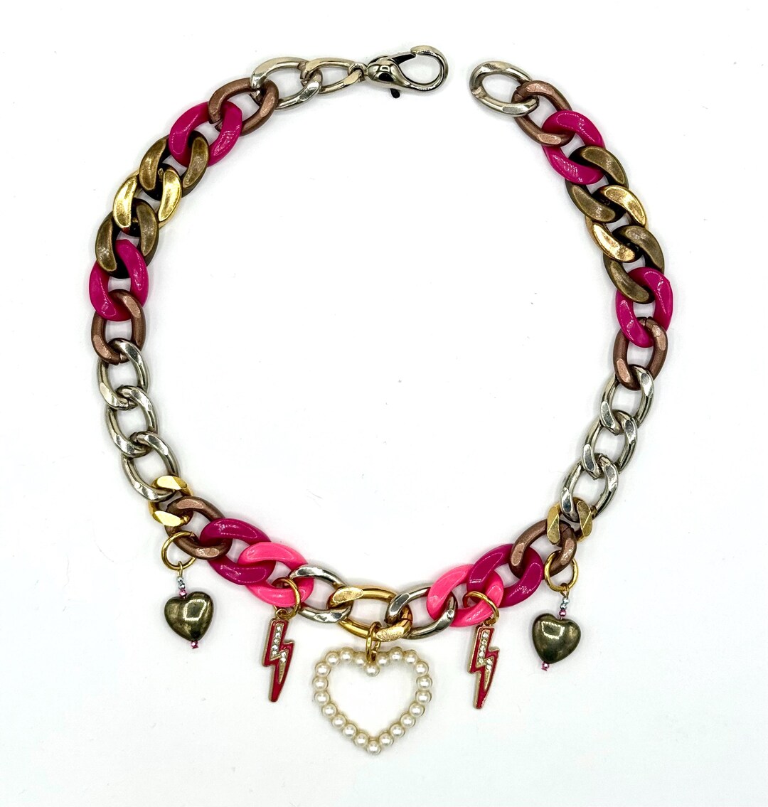 Glam Dog Necklace, Iridescent Pink Bow, Crystal Hearts, Pearls, Large ...