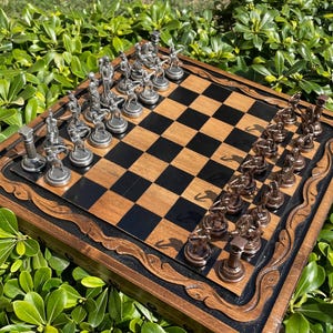 Archer Army Chess Figures w/ Decorative Chessboard, Natural Solid Wooden Board, Historical Chess Pieces, Birthday Embroidered Chess Set